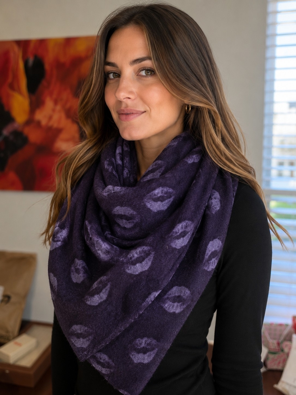 GAP Plush Purple 💜 Lip 💋 Print Scarf, Like New, 30" x 70"